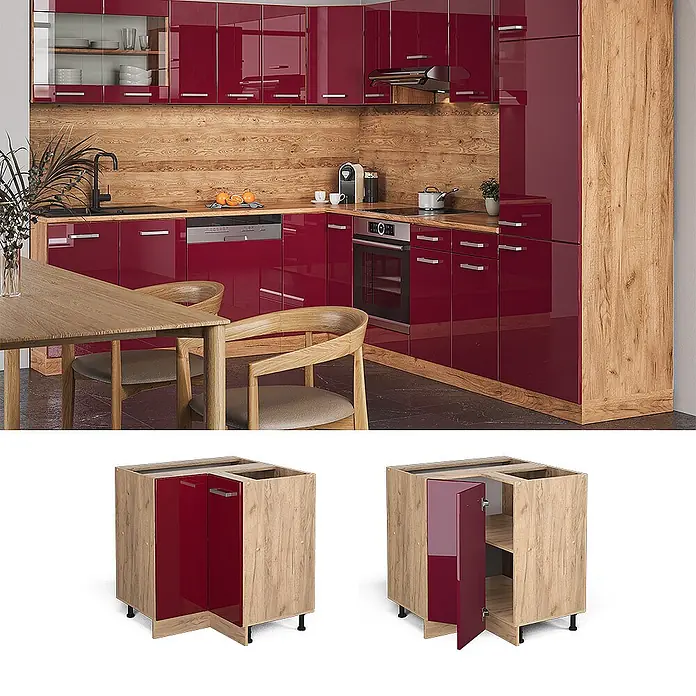 Vicco Schrankküche R-Line Rot Hochglanz ohne Arbeitsplatte - Breite: 75,6 cm, Rot Hochglanz, Eckunterschrank - Rote Hochglanz-Küchenschränke mit Holz Akzenten, inklusive eines Eckunterschranks, in einer modernen Küche.