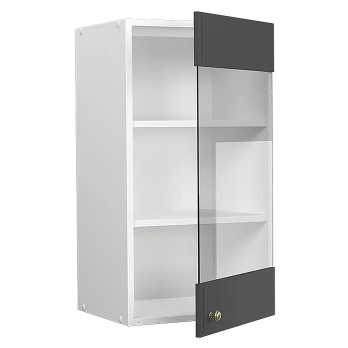 Vicco Schrankküche Fame-Line Anthrazit-Gold - Anthrazit-Gold Landhaus, Hängeglasschrank 40 cm - Weißer Wandschrank mit dunkelgrauer und klarer Glastür, mit goldenem Knauf.