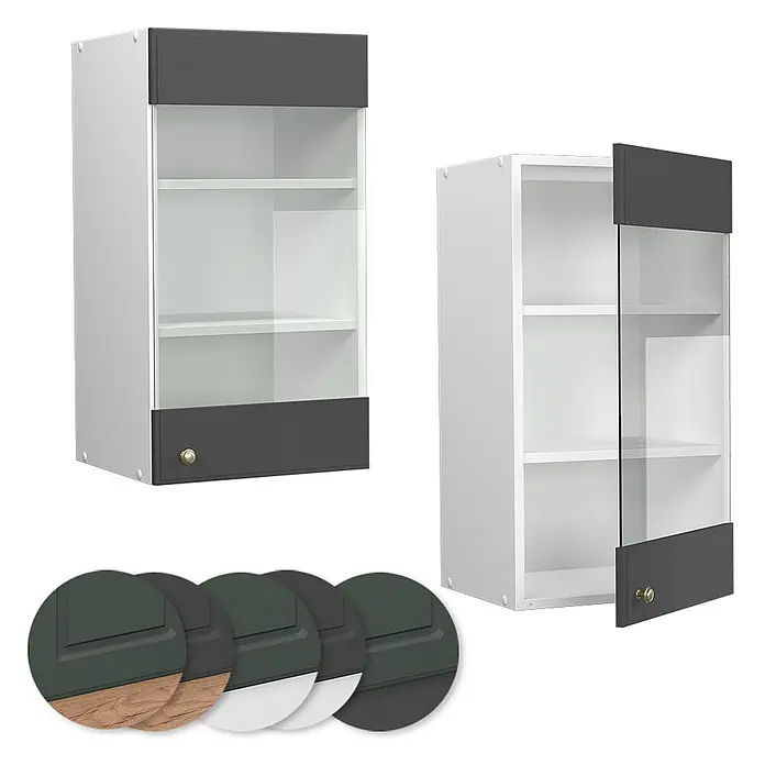 Vicco Schrankküche Fame-Line Anthrazit-Gold - Anthrazit-Gold Landhaus, Hängeglasschrank 40 cm - Weißer Hängeschrank mit dunkelgrauen Paneelen, Glastür und goldenem Knopf. Geschlossen und geöffnet dargestellt.