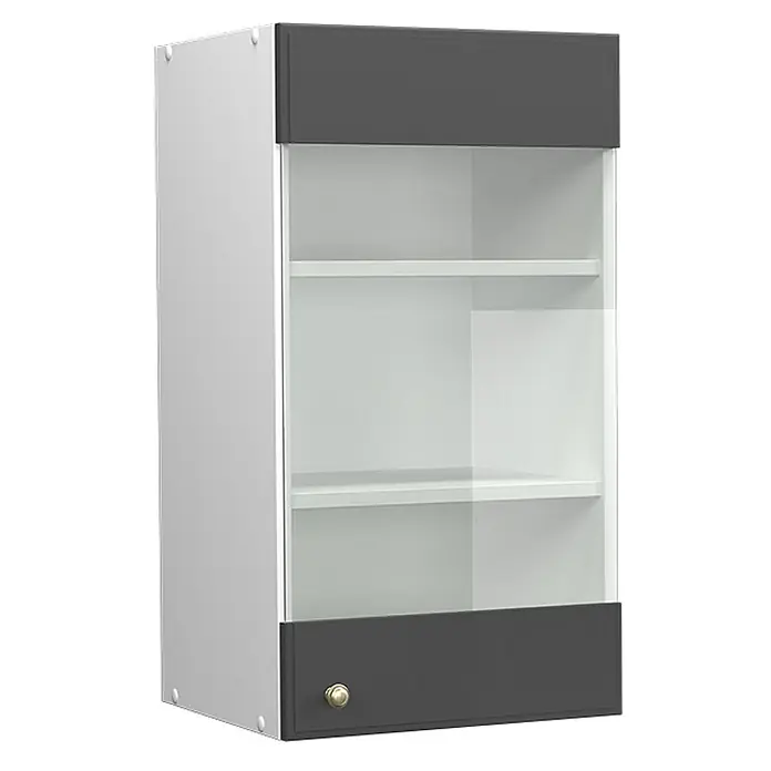 Vicco Schrankküche Fame-Line Anthrazit-Gold - Anthrazit-Gold Landhaus, Hängeglasschrank 40 cm - Wandhängeschrank mit hellgrauen Seiten, dunkelgrauen Ober- und Unterböden, Glastür, Einlegeböden und Messingknopf.