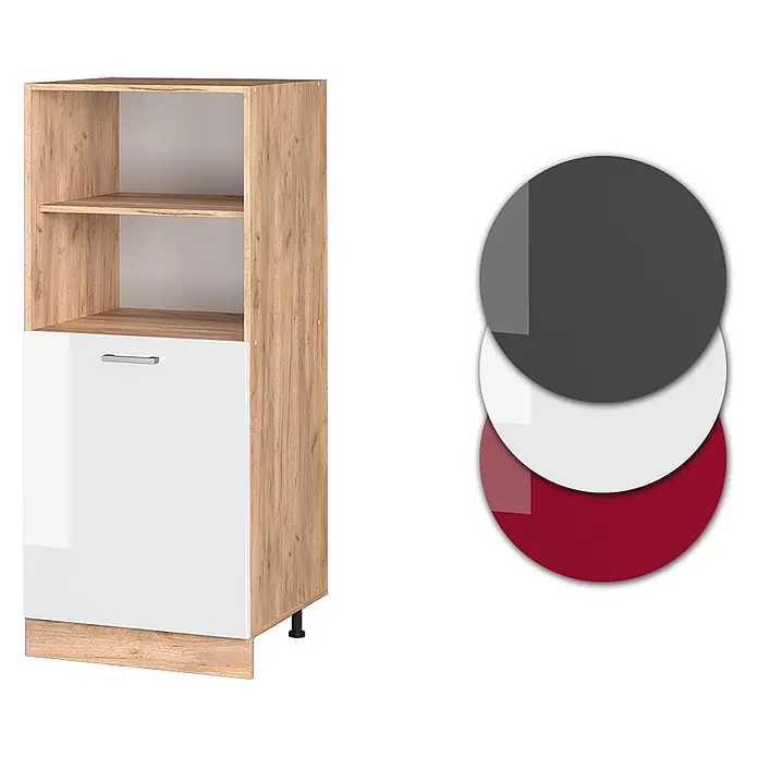 Vicco Schrankküche R-Line Weiß Hochglanz - Weiß Hochglanz, Backofenumbauschrank 60 cm (halb) - Hoher Schrank in Eichenoptik mit offenen Regalen und weißer Hochglanztür, mit Farboptionen Grau, Weiß und Rot.