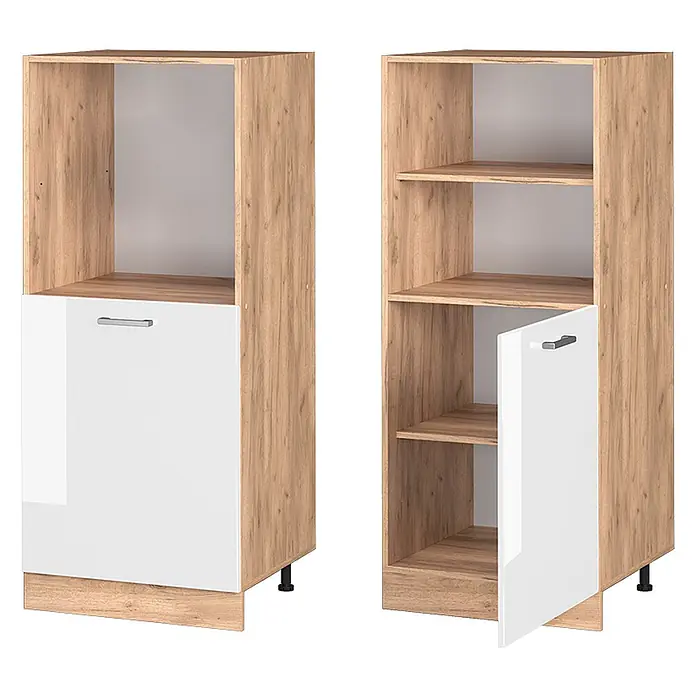 Vicco Schrankküche R-Line Weiß Hochglanz - Weiß Hochglanz, Backofenumbauschrank 60 cm (halb) - Zwei schmale Schränke in Holzoptik mit weißen Hochglanztüren. Einer hat ein offenes Oberteil, der andere Regale und eine kleine offene Tür.