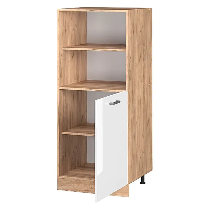Vicco Schrankküche R-Line Weiß Hochglanz - Weiß Hochglanz, Backofenumbauschrank 60 cm (halb) - Eichenfarbenes Regal mit offenen Fächern und einer weißen Hochglanztür auf verstellbaren Füßen.