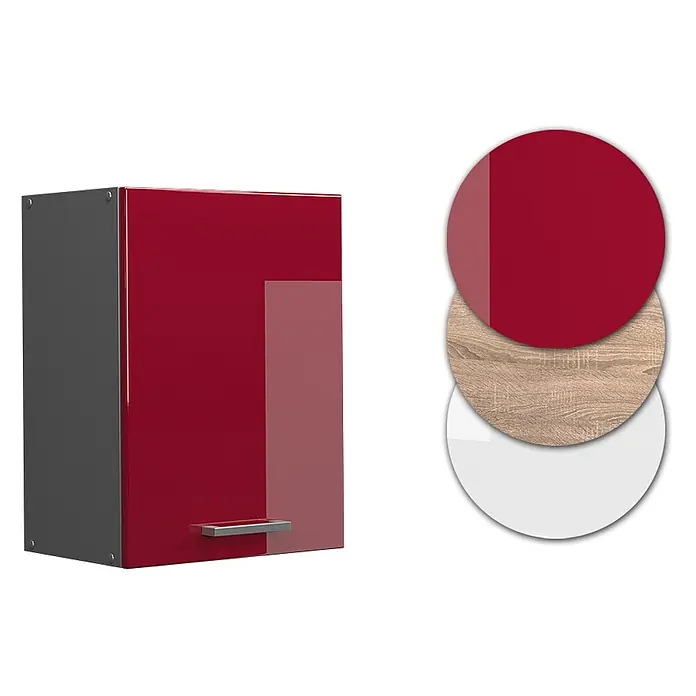 Vicco Schrankküche R-Line Rot Hochglanz - Rot Hochglanz, Hängeschrank 45 cm - Roter Hochglanz-Wandschrank mit transparentem Akzent, grauer Korpus. Materialmuster: hochglanz rot, Holzmaserung, weiß.