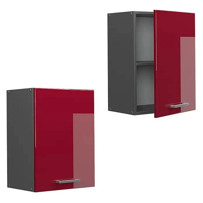 Vicco Schrankküche R-Line Rot Hochglanz - Rot Hochglanz, Hängeschrank 45 cm - Zwei moderne Hängeschränke mit hochglänzenden roten Türen und grauen Korpus, einer offen mit Regal.