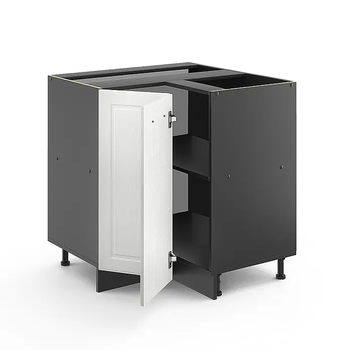 Vicco Schrankküche R-Line Weiß Landhaus, AP Marmor - Weiß Landhaus, Eckunterschrank - Eckunterschrank mit dunkelgrauem Korpus und offener, heller Holztür auf verstellbaren Füßen.