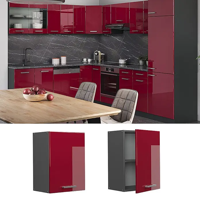Vicco Schrankküche R-Line Rot Hochglanz - Rot Hochglanz, Hängeschrank 45 cm - Hochglanz rote Küchenschränke mit dunkelgrauen Korpusse, als komplette Küchenzeile und einzelner Oberschrank mit Regalen gezeigt.