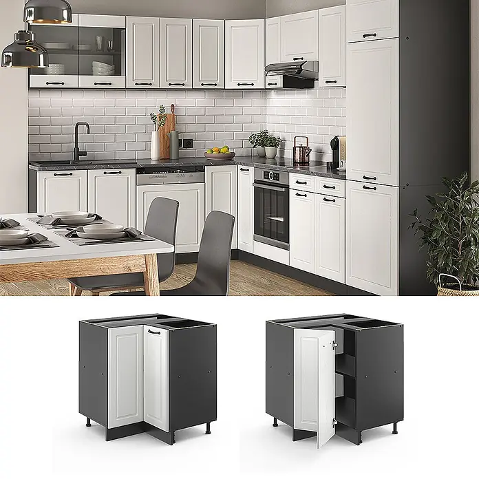 Vicco Schrankküche R-Line Weiß Landhaus, AP Marmor - Weiß Landhaus, Eckunterschrank - Weiß-dunkelgrauer Küchen-Eckunterschrank, gezeigt in einer modernen Küche und offen mit Einlegeböden.