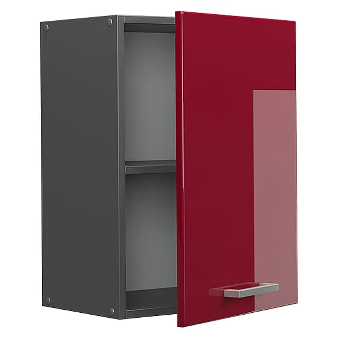Vicco Schrankküche R-Line Rot Hochglanz - Rot Hochglanz, Hängeschrank 45 cm - Dunkelgrauer Wandschrank mit offener glänzender roter Tür, zwei Innenregalen und einem silbernen Griff.