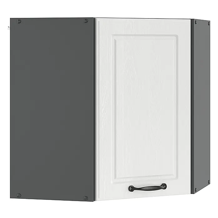 Vicco Schrankküche R-Line Weiß Landhaus - Weiß Landhaus, Eckhängeschrank 57 cm - Kücheneckwandschrank mit dunkelgrauem Korpus und weißer strukturierter Tür mit schwarzem Griff.