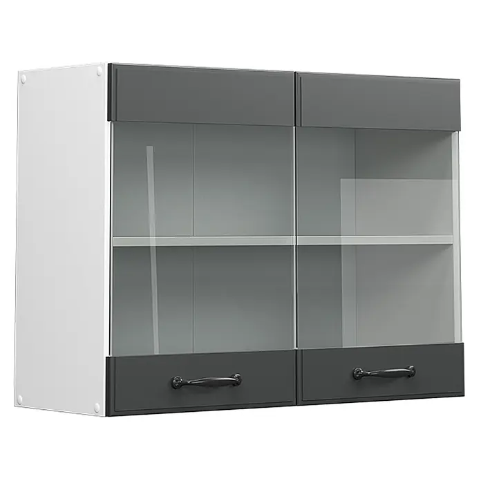 Vicco Schrankküche R-Line Anthrazit Landhaus - Anthrazit Landhaus, Hängeglasschrank 80 cm - Weiß-dunkelgrauer Hängeschrank mit zwei Glastüren und zwei unteren Schubladen mit Griffen.