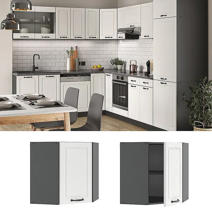 Vicco Schrankküche R-Line Weiß Landhaus - Weiß Landhaus, Eckhängeschrank 57 cm - Moderne weiß-dunkelgraue Küchenzeile mit Unter- und Oberschränken, inklusive Eckschrank, mit schwarzen Griffen, in einer Küchenumgebung.