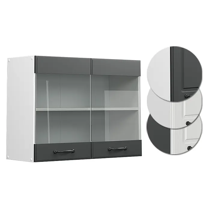 Vicco Schrankküche R-Line Anthrazit Landhaus - Anthrazit Landhaus, Hängeglasschrank 80 cm - Dunkelgrauer Hängeschrank mit zwei Glastüren, zwei unteren Schubladen und weißen Seitenwänden.