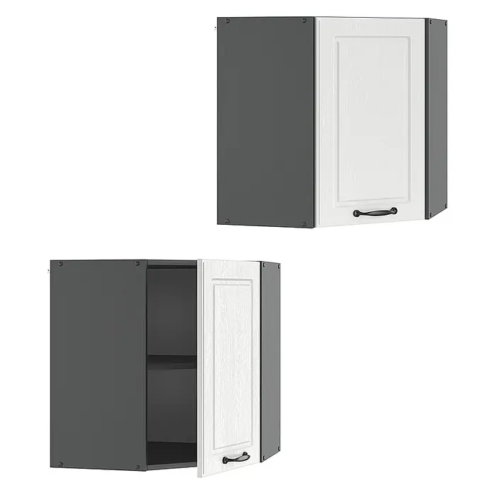 Vicco Schrankküche R-Line Weiß Landhaus - Weiß Landhaus, Eckhängeschrank 57 cm - Zwei dunkelgraue Hängeschränke, einer geschlossen und einer offen mit Regalen, mit weißen Holzmaserungstüren und schwarzen Griffen.