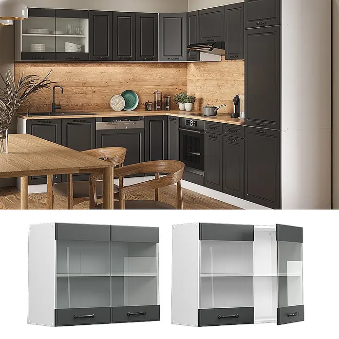 Vicco Schrankküche R-Line Anthrazit Landhaus - Anthrazit Landhaus, Hängeglasschrank 80 cm - Moderner weiß-dunkelgrauer Küchenwandschrank mit Glastüren und dunklen Griffen.