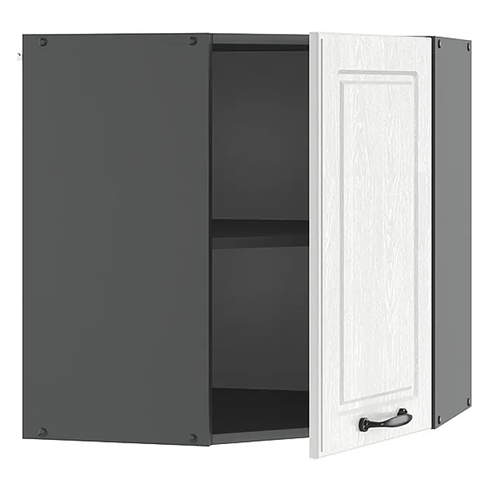 Vicco Schrankküche R-Line Weiß Landhaus - Weiß Landhaus, Eckhängeschrank 57 cm - Dunkelgrauer Wandschrank mit einer leicht geöffneten, weißen Tür in Holzoptik, die ein Innenregal und einen schwarzen Griff zeigt.