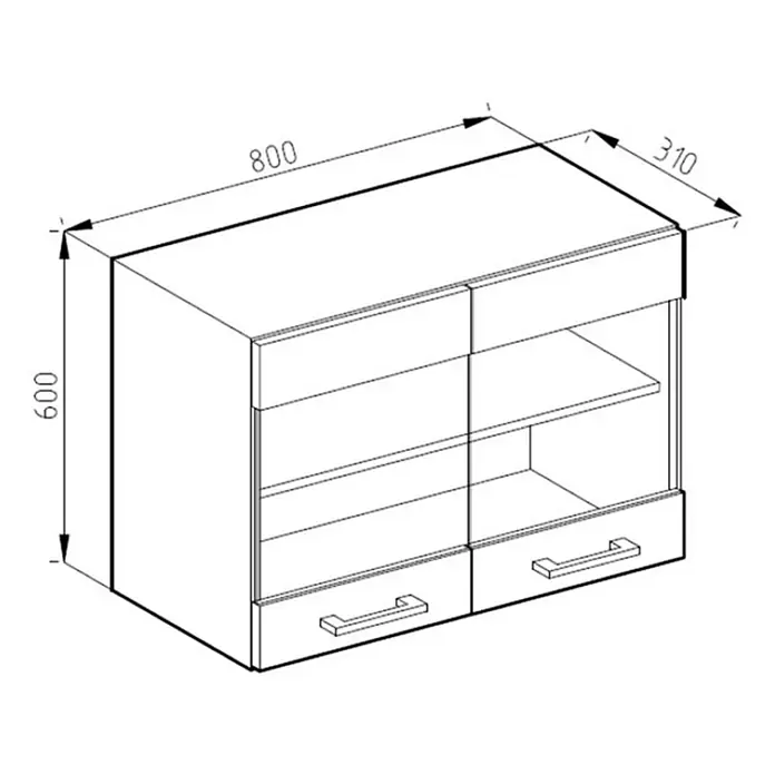Vicco Schrankküche R-Line Weiß Hochglanz - Weiß Hochglanz, Hängeglasschrank 80 cm - Weißer Küchenhängeschrank mit zwei oberen Klapptüren, zwei offenen Fächern und zwei Schubladen, 800x600x310mm.
