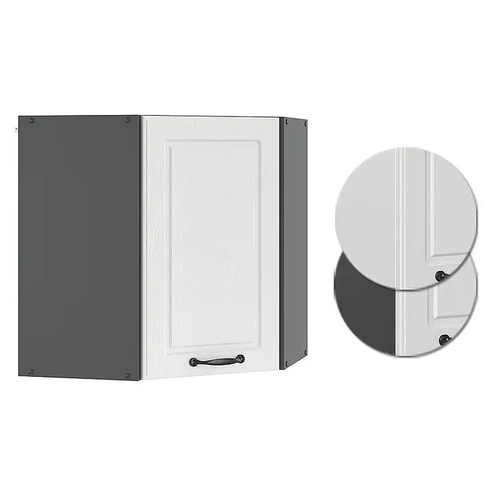 Vicco Schrankküche R-Line Weiß Landhaus - Weiß Landhaus, Eckhängeschrank 57 cm - Weißer, strukturierter Hängeeckschrank mit dunkelgrauen Seiten und schwarzem Griff.