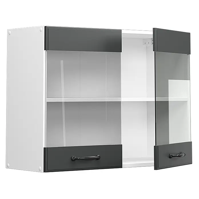 Vicco Schrankküche R-Line Anthrazit Landhaus - Anthrazit Landhaus, Hängeglasschrank 80 cm - Weißer Wandschrank mit zwei Klarglastüren, dunkelgrauen oberen und unteren Paneelen und zwei Innenböden. Eine Tür ist leicht geöffnet.