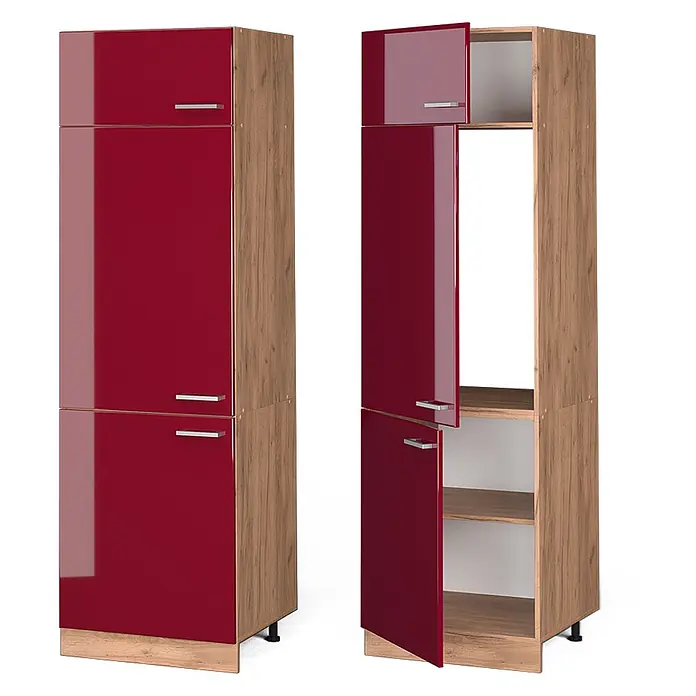 Vicco Schrankküche R-Line Rot Hochglanz - Rot Hochglanz, Kühlumbauschrank 60 cm - Hoher Küchenschrank mit glänzenden roten Türen und Holzdekorrahmen, geschlossen und offen mit Regalen und Gerätenische.