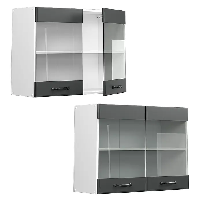 Vicco Schrankküche R-Line Anthrazit Landhaus - Anthrazit Landhaus, Hängeglasschrank 80 cm - Weiße Küchenhängeschränke mit dunkelgrauen Akzenten und Glastüren, offen und geschlossen gezeigt, zur Aufbewahrung.