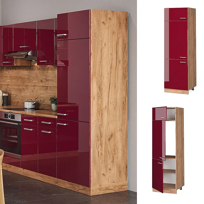Vicco Schrankküche R-Line Rot Hochglanz - Rot Hochglanz, Kühlumbauschrank 60 cm - Moderne Küchenschränke mit hochglanzroten Türen und heller Eichenholzoptik, integriertem Backofen und Kochfeld.