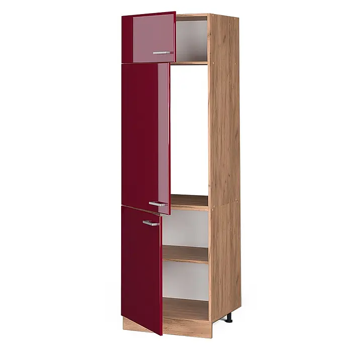 Vicco Schrankküche R-Line Rot Hochglanz - Rot Hochglanz, Kühlumbauschrank 60 cm - Hoher Küchenschrank mit glänzenden roten Türen und Holzmaserungsrahmen, mit offenen und geschlossenen Staufächern.