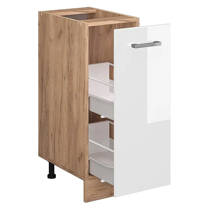 Vicco Schrankküche R-Line Weiß Hochglanz ohne Arbeitsplatte - Weiß Hochglanz, Apothekerunterschrank 30 cm - Schmaler Küchenunterschrank in Eichenoptik mit weißer Tür, Metallgriff und ausziehbaren Körben.
