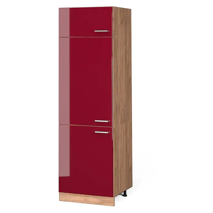 Vicco Schrankküche R-Line Rot Hochglanz - Rot Hochglanz, Kühlumbauschrank 60 cm - Hoher Schrank mit hochglänzenden roten Türen, Holzoptik-Seiten, silbernen Griffen und Holzoptik-Sockel.
