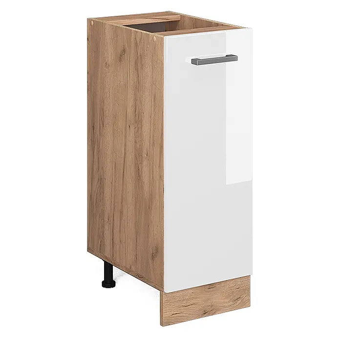 Vicco Schrankküche R-Line Weiß Hochglanz ohne Arbeitsplatte - Weiß Hochglanz, Apothekerunterschrank 30 cm - Schmaler Küchenunterschrank mit Eichenoptik-Seiten, weiß glänzender Tür, grauem Griff und schwarzen Füßen.