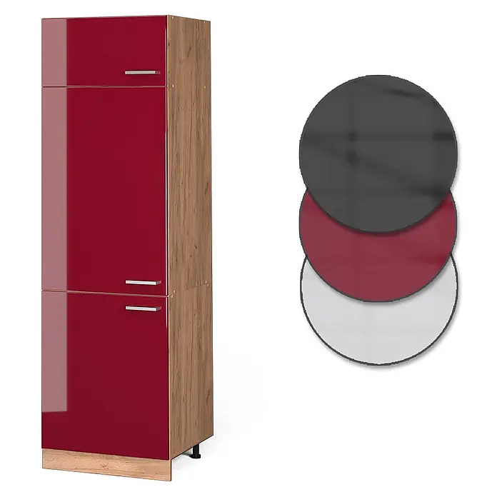 Vicco Schrankküche R-Line Rot Hochglanz - Rot Hochglanz, Kühlumbauschrank 60 cm - Hoher Hochschrank in Rot Hochglanz mit Holzseiten und silbernen Griffen. Auch in Dunkelgrau und Weiß erhältlich.