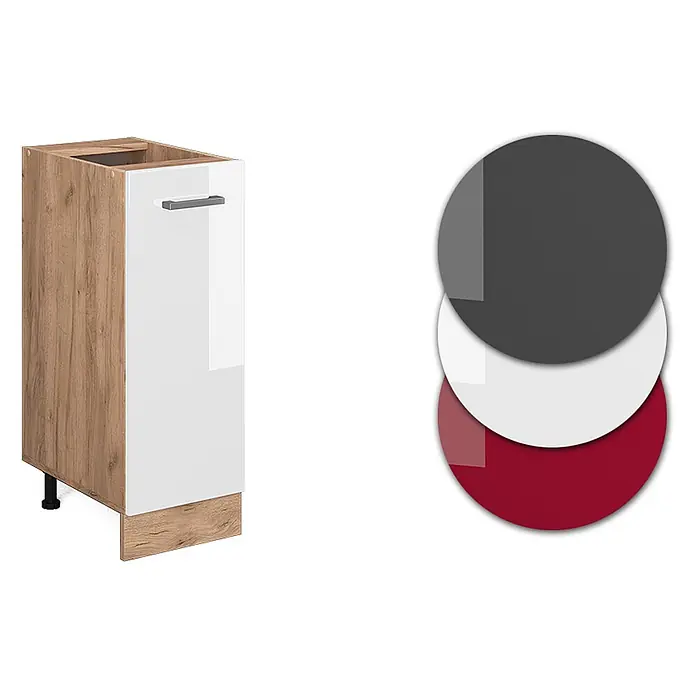 Vicco Schrankküche R-Line Weiß Hochglanz ohne Arbeitsplatte - Weiß Hochglanz, Apothekerunterschrank 30 cm - Holz-Küchenunterschrank mit glänzender weißer Tür, Griff und drei Farboptionen: Dunkelgrau, Weiß, Rot.