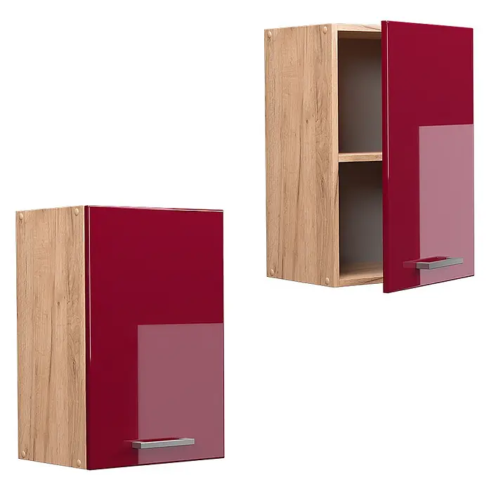 Vicco Schrankküche R-Line Rot Hochglanz - Breite: 40 cm, Rot Hochglanz, Hängeschrank 40 cm - Zwei Hängeschränke mit hellem Holzkorpus und glänzender roter Tür, einer geschlossen, einer offen mit Einlegeböden. Mit silbernem Griff.