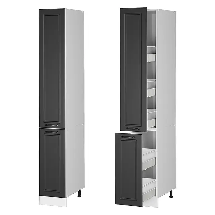 Vicco Schrankküche R-Line Anthrazit Landhaus - Anthrazit Landhaus, Apothekerhochschrank 30 cm - Zwei hohe Hochschränke mit dunkelgrauen Türen und weißen Korpus. Einer ist geschlossen, der andere zeigt Auszugsschubladen.
