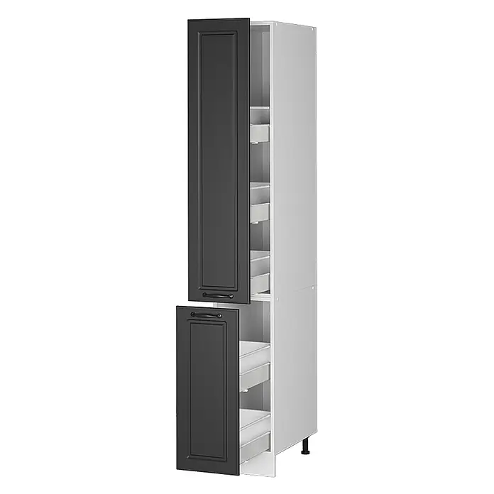 Vicco Schrankküche R-Line Anthrazit Landhaus - Anthrazit Landhaus, Apothekerhochschrank 30 cm - Weißer Vorratsschrank mit zwei teiloffenen dunkelgrauen Türen, die weiße Auszugsschubladen zeigen.