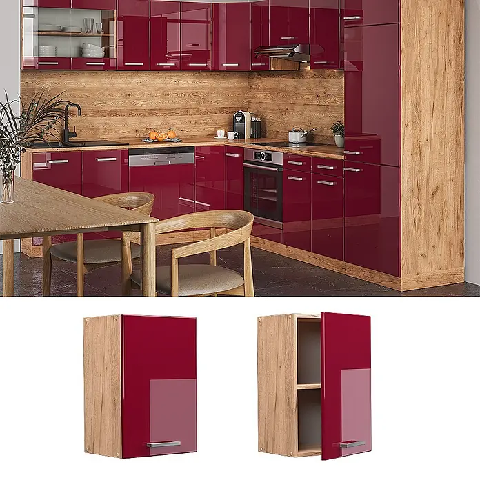 Vicco Schrankküche R-Line Rot Hochglanz - Breite: 40 cm, Rot Hochglanz, Hängeschrank 40 cm - Hochglanzrote Küchenschränke mit Holzmaserung an Seiten und Arbeitsplatte in moderner Küchenumgebung.