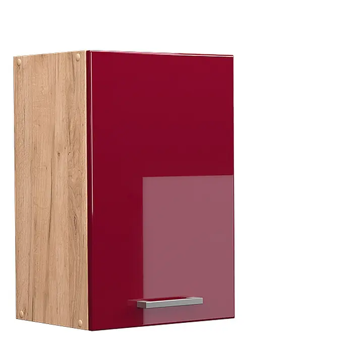 Vicco Schrankküche R-Line Rot Hochglanz - Breite: 40 cm, Rot Hochglanz, Hängeschrank 40 cm - Wandschrank mit Holzseite und hochglänzender roter Tür mit silbernem Griff.