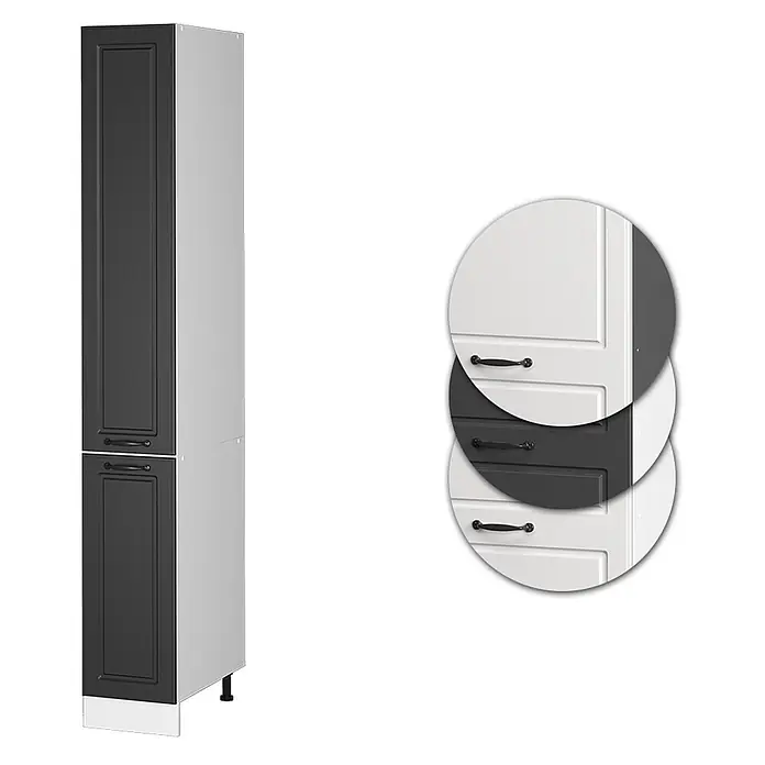 Vicco Schrankküche R-Line Anthrazit Landhaus - Anthrazit Landhaus, Apothekerhochschrank 30 cm - Hoher Küchenschrank mit dunkelgrauen Türen und hellem Korpus, zeigt auch weiße Türvarianten und schwarze Griffe.
