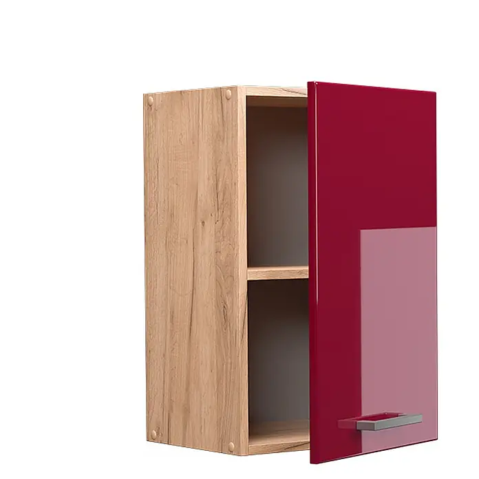 Vicco Schrankküche R-Line Rot Hochglanz - Breite: 40 cm, Rot Hochglanz, Hängeschrank 40 cm - Hängeschrank mit heller Holzoptik und hochglänzender roter Tür, geöffnet mit einem Regal.