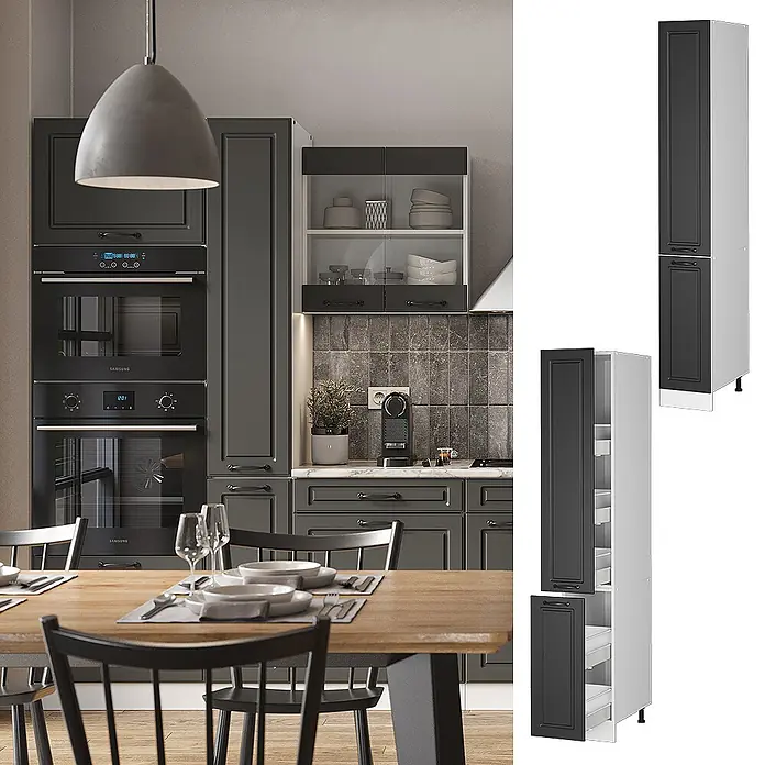 Vicco Schrankküche R-Line Anthrazit Landhaus - Anthrazit Landhaus, Apothekerhochschrank 30 cm - Hoher, dunkelgrauer Küchenschrank mit Auszugsfächern, geschlossen und offen in einer Küche gezeigt.