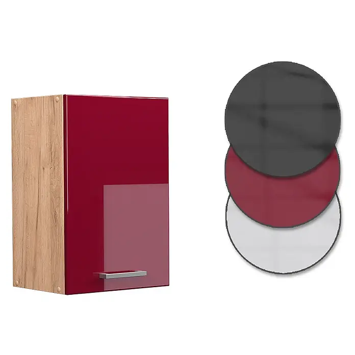 Vicco Schrankküche R-Line Rot Hochglanz - Breite: 40 cm, Rot Hochglanz, Hängeschrank 40 cm - Küchenhängeschrank mit Holzseiten und glänzender roter Tür, gezeigt mit dunkelgrauen, roten und weißen Farboptionen.