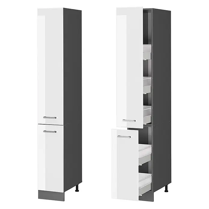 Vicco Schrankküche R-Line Weiß Hochglanz - Weiß Hochglanz, Apothekerhochschrank 30 cm - Weißer und dunkelgrauer hoher Vorratsschrank mit Auszügen, geschlossen und offen dargestellt.