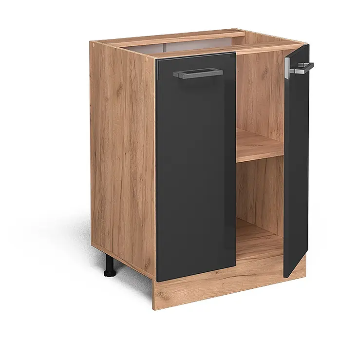 Vicco Schrankküche R-Line Anthrazit Hochglanz AP Marmor - Anthrazit Hochglanz, Unterschrank 60 cm, AP Marmor - Unterschrank in heller Holzoptik mit zwei glänzenden, dunkelgrauen Türen, eine geöffnet, um ein Innenregal zu zeigen.