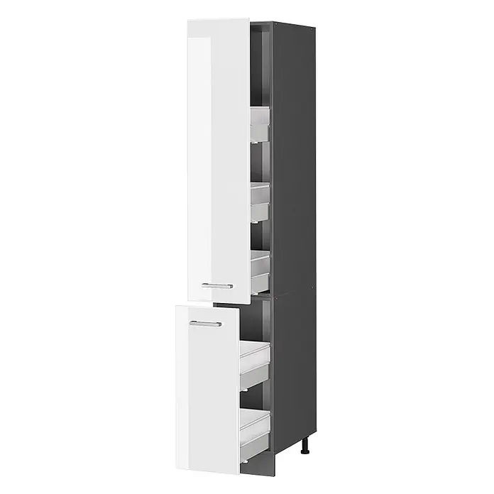 Vicco Schrankküche R-Line Weiß Hochglanz - Weiß Hochglanz, Apothekerhochschrank 30 cm - Hoher, dunkelgrauer Vorratsschrank mit zwei glänzend weißen Türen, teilweise geöffnet, um helle Auszugsschubladen zu zeigen.