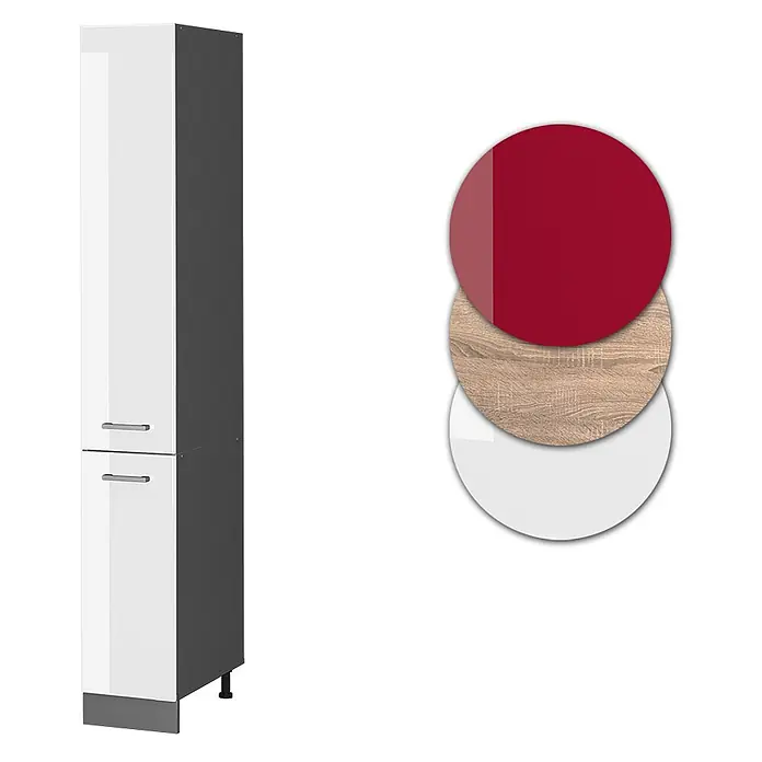 Vicco Schrankküche R-Line Weiß Hochglanz - Weiß Hochglanz, Apothekerhochschrank 30 cm - Hoher weiß-dunkelgrauer Schrank mit silbernen Griffen, präsentiert mit roten, Holzmaserungs- und weißen Oberflächenmustern.