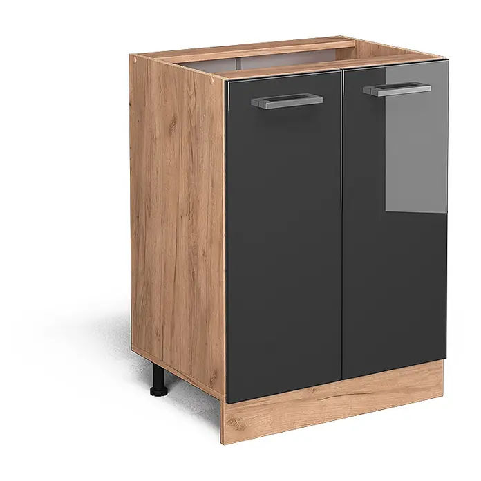 Vicco Schrankküche R-Line Anthrazit Hochglanz ohne Arbeitsplatte - Breite: 60 cm, Anthrazit Hochglanz, Unterschrank 60 cm - Zweitüriger Küchenunterschrank mit Holzoptik-Seiten und Sockel, sowie dunkelgrauen Hochglanz-Türen mit silbernen Griffen.