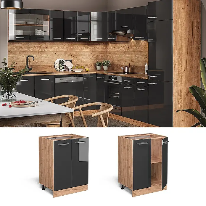 Vicco Schrankküche R-Line Anthrazit Hochglanz AP Marmor - Anthrazit Hochglanz, Unterschrank 60 cm, AP Marmor - Moderne Küchenmöbel in Schwarz Hochglanz mit Holzmaserungselementen, gezeigt als komplette Küche und individueller Unterschrank.