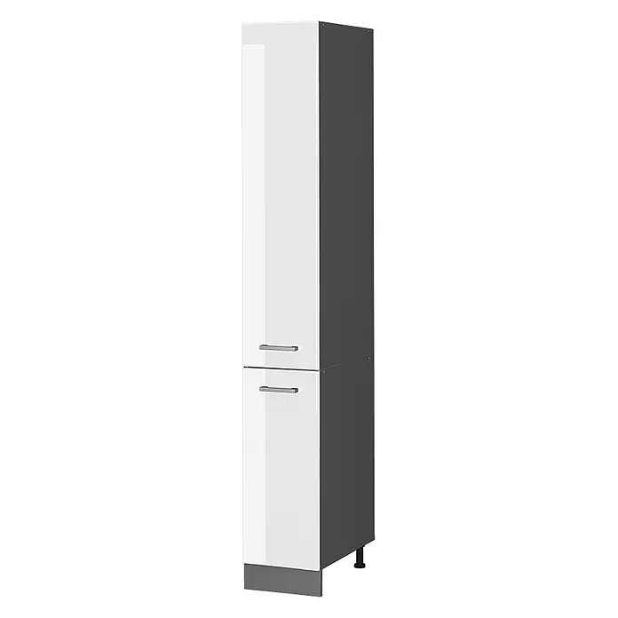 Vicco Schrankküche R-Line Weiß Hochglanz - Weiß Hochglanz, Apothekerhochschrank 30 cm - Weißer Hochglanz-Hochschrank mit zwei Türen, silbernen Griffen, dunkelgrauen Seiten und verstellbaren Füßen.