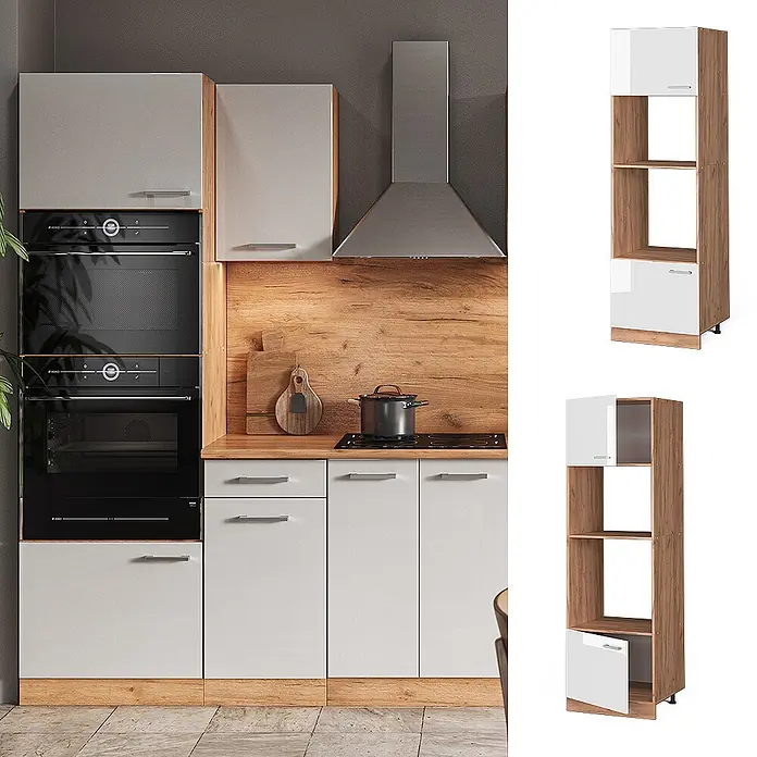 Vicco Schrankküche R-Line Weiß Hochglanz - Weiß Hochglanz, Mikrowellenschrank 60 cm - Hoher Küchenschrank mit weißen Hochglanztüren und Eichenholzoptik-Korpus, in moderner Küche gezeigt.
