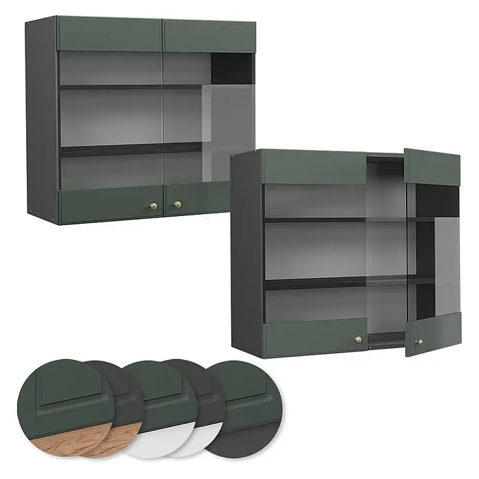 Vicco Schrankküche Fame-Line Grün-Gold Landhaus - Grün-Gold Landhaus, Hängeglasschrank 80 cm - Zwei dunkelgraue und dunkelgrüne Wandvitrinen mit Glastüren und Messingknöpfen. Farbmuster zeigen Sockeloptionen.